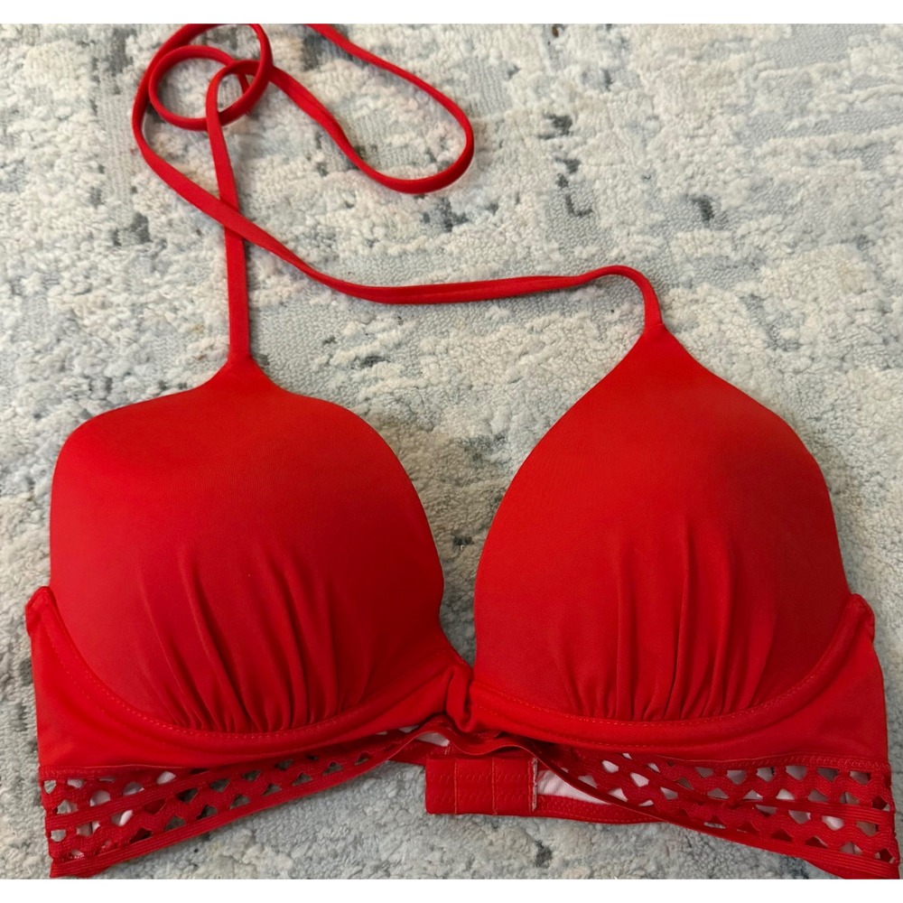 Red Laser Cut Lattice Trim Push Up Halter Bikini Top 34C